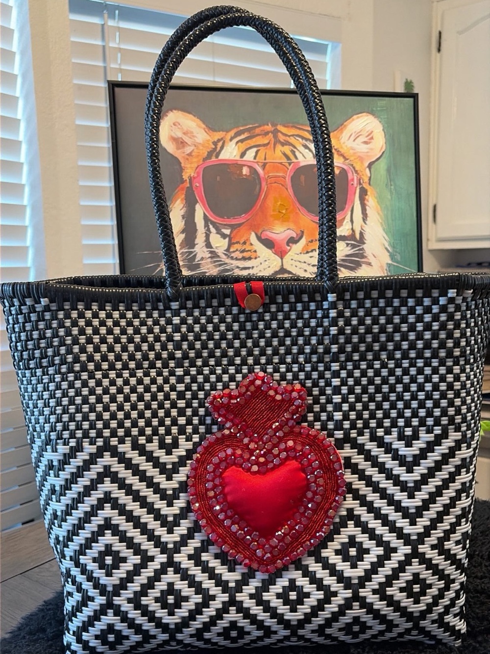 Black & White Woven Tote with Red Heart Accent